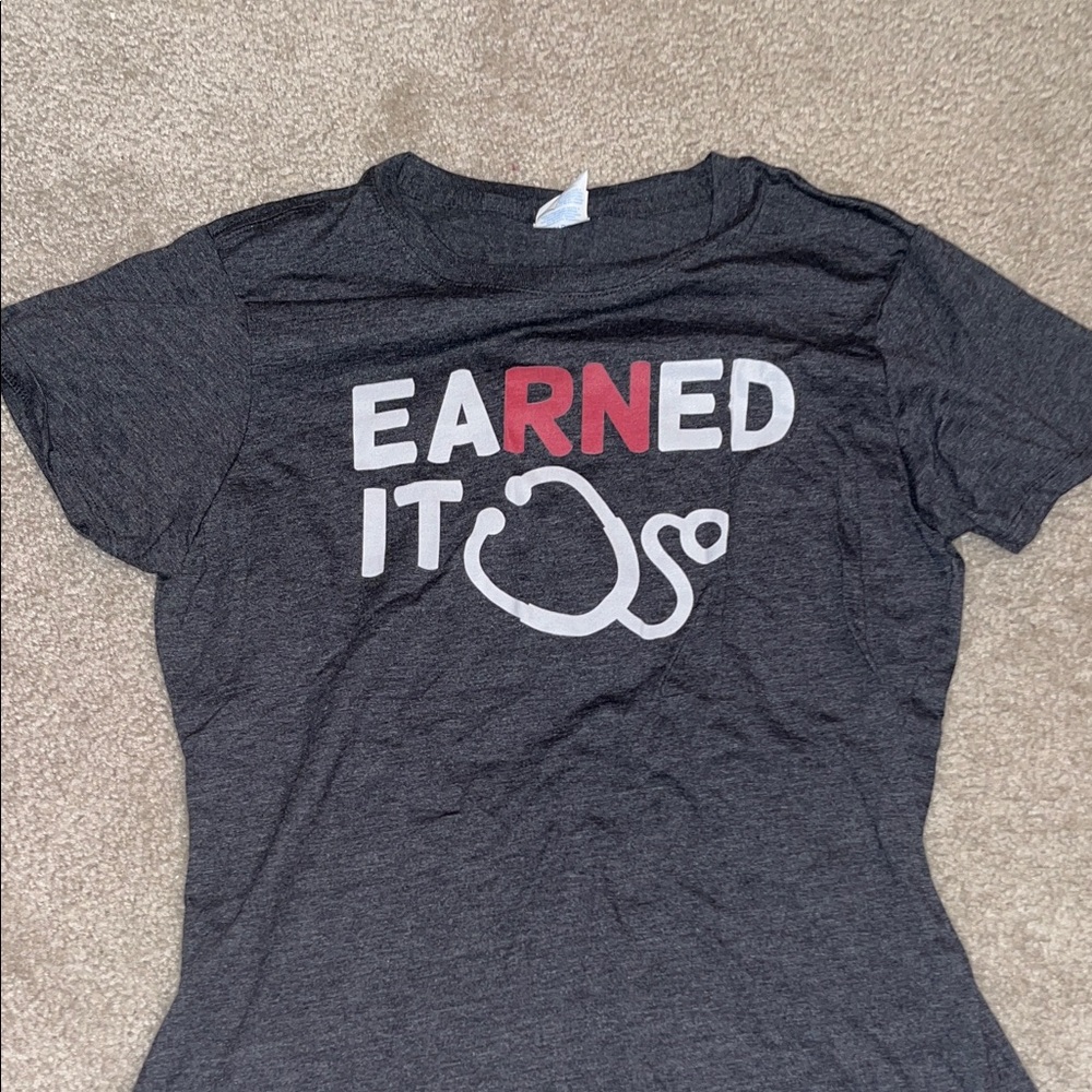 Gray Graphic Tee with Red and White Print